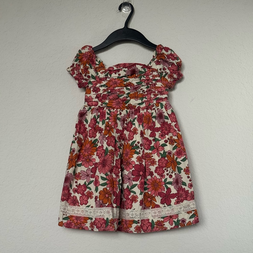 Girls Floral Smocked Dress in Pink, Orange and Cream